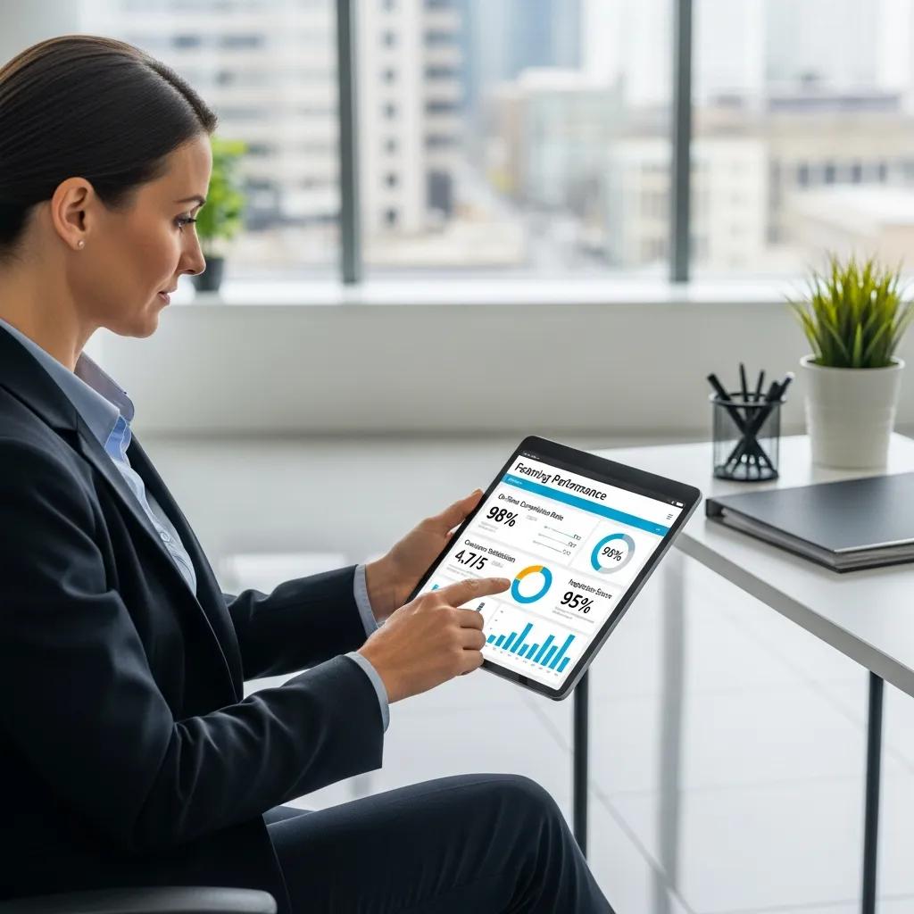 Facility manager checking cleaning metrics on a tablet in a tidy office — clear data, quick action