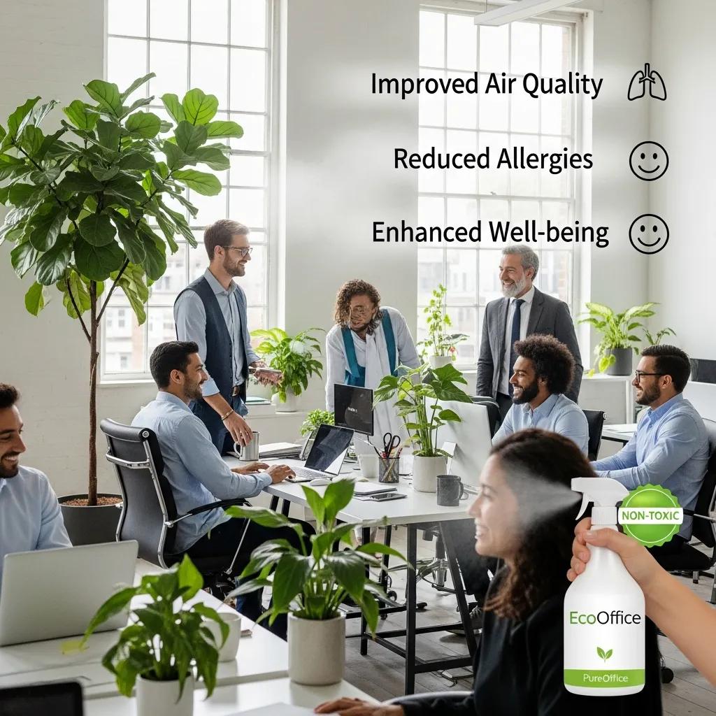 Smiling employees in a bright office benefiting from non-toxic cleaners