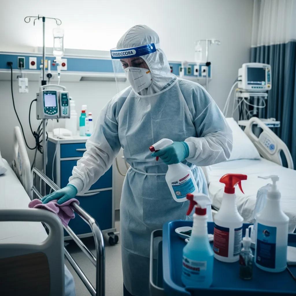 PPE‑equipped worker disinfecting a hospital room