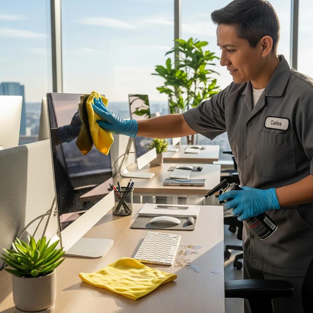 Cleaner wiping down an office workstation as part of daily cleaning tasks