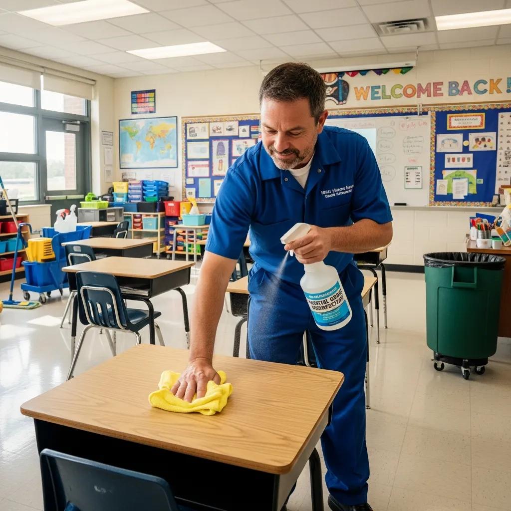 Janitorial technician disinfecting classroom desks with EPA-approved product