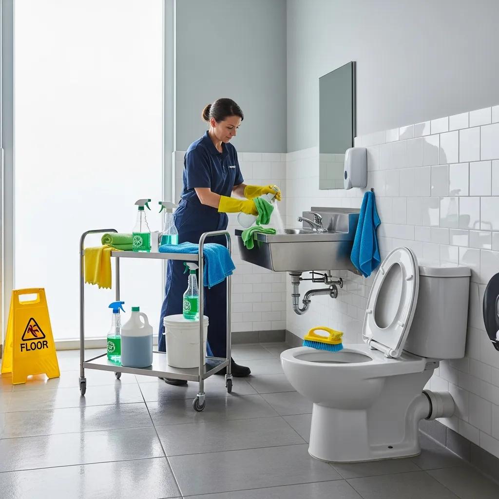 Janitorial staff sanitizing a restroom to maintain daily hygiene standards