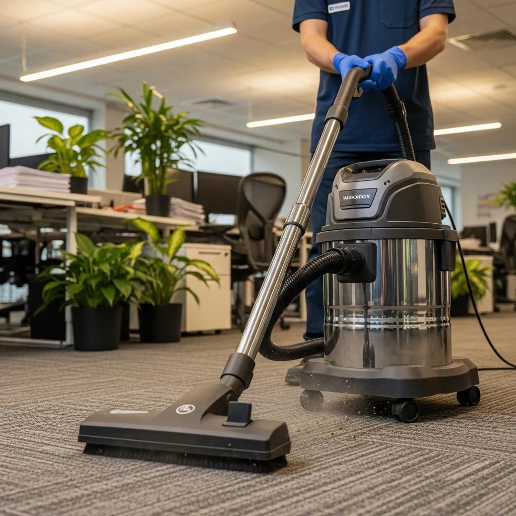 Professional janitor vacuuming an office carpet — dependable office cleaning in Detroit Metro
