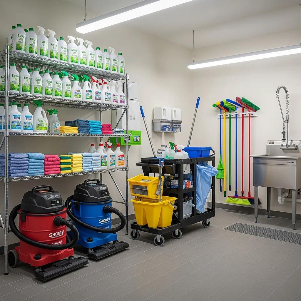 Cleaning supplies arranged to highlight cost drivers like labor and materials