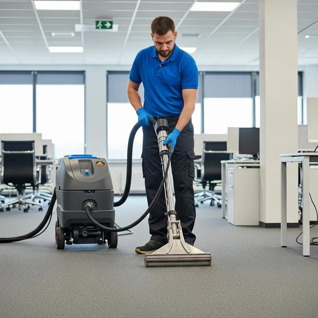 Professional carpet cleaning technician using advanced equipment in a commercial office space