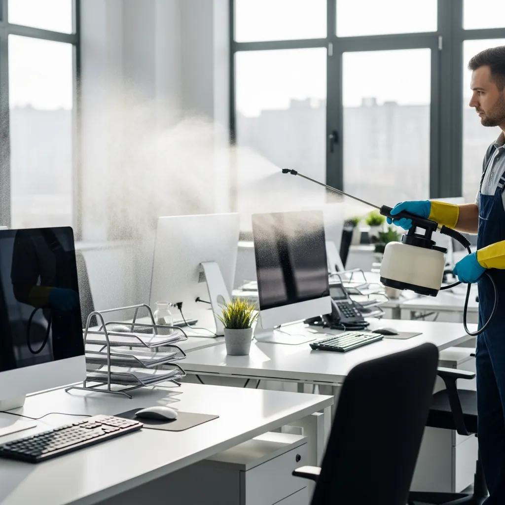 Professional cleaner using electrostatic sprayer in a modern office for advanced disinfection