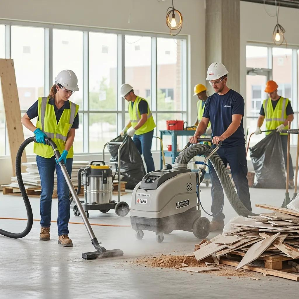Professional cleaning crew performing post-construction cleanup at a site, highlighting safety and efficiency