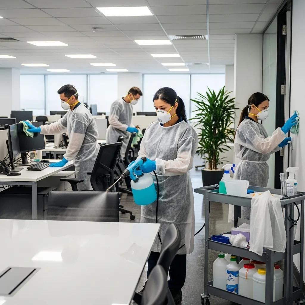 Professional cleaning team disinfecting a commercial office space to ensure workplace safety
