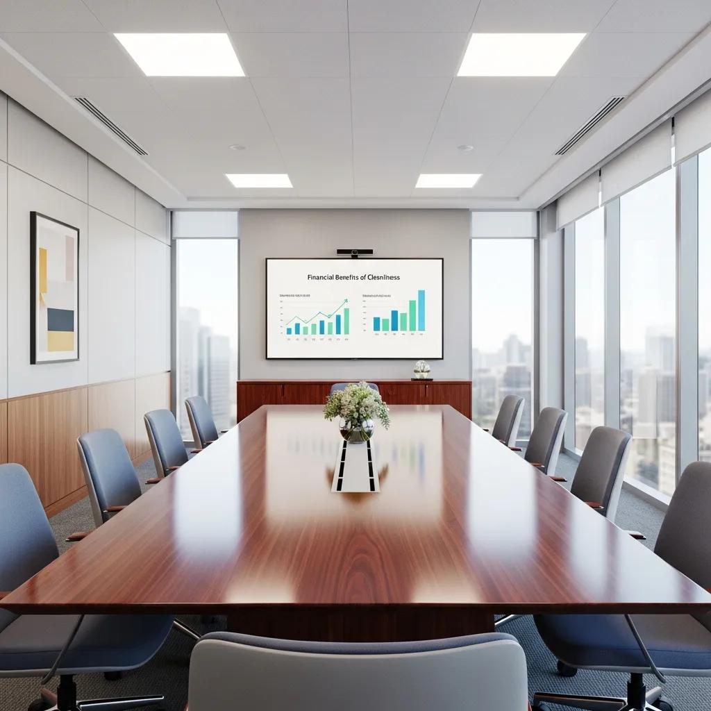 Clean conference room that demonstrates the financial upside of regular commercial cleaning