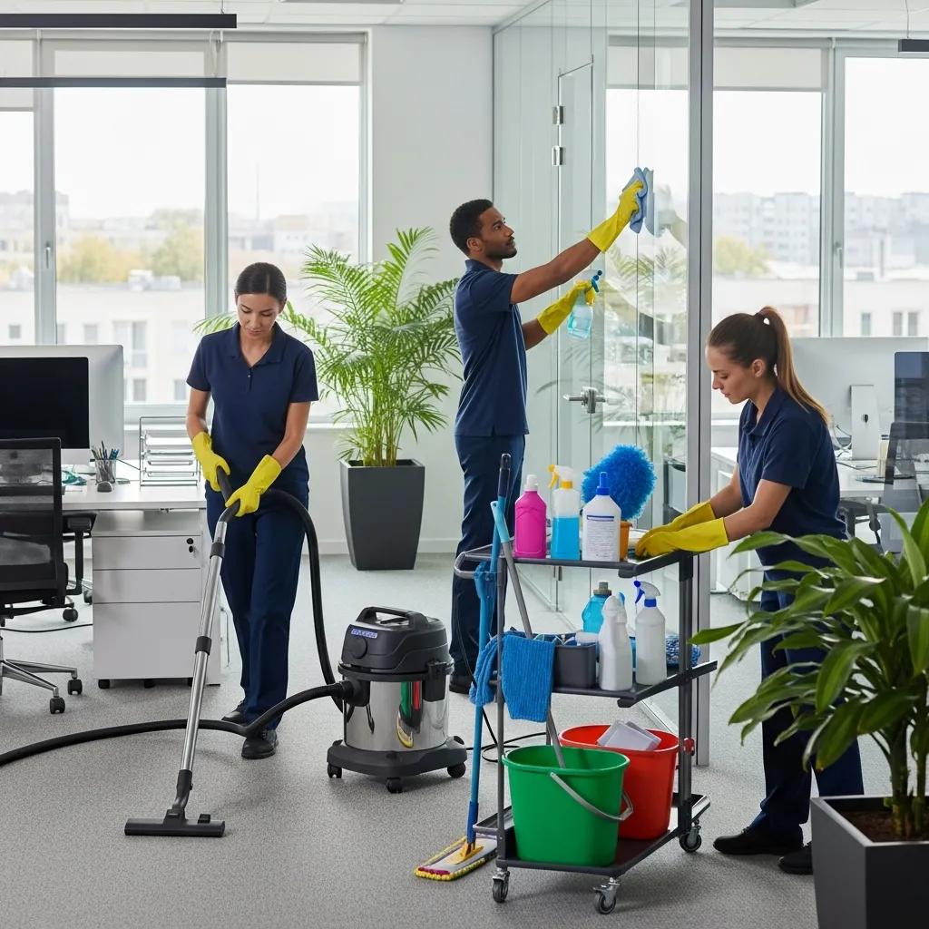 Professional janitorial team cleaning a modern office space, emphasizing cleanliness and professionalism