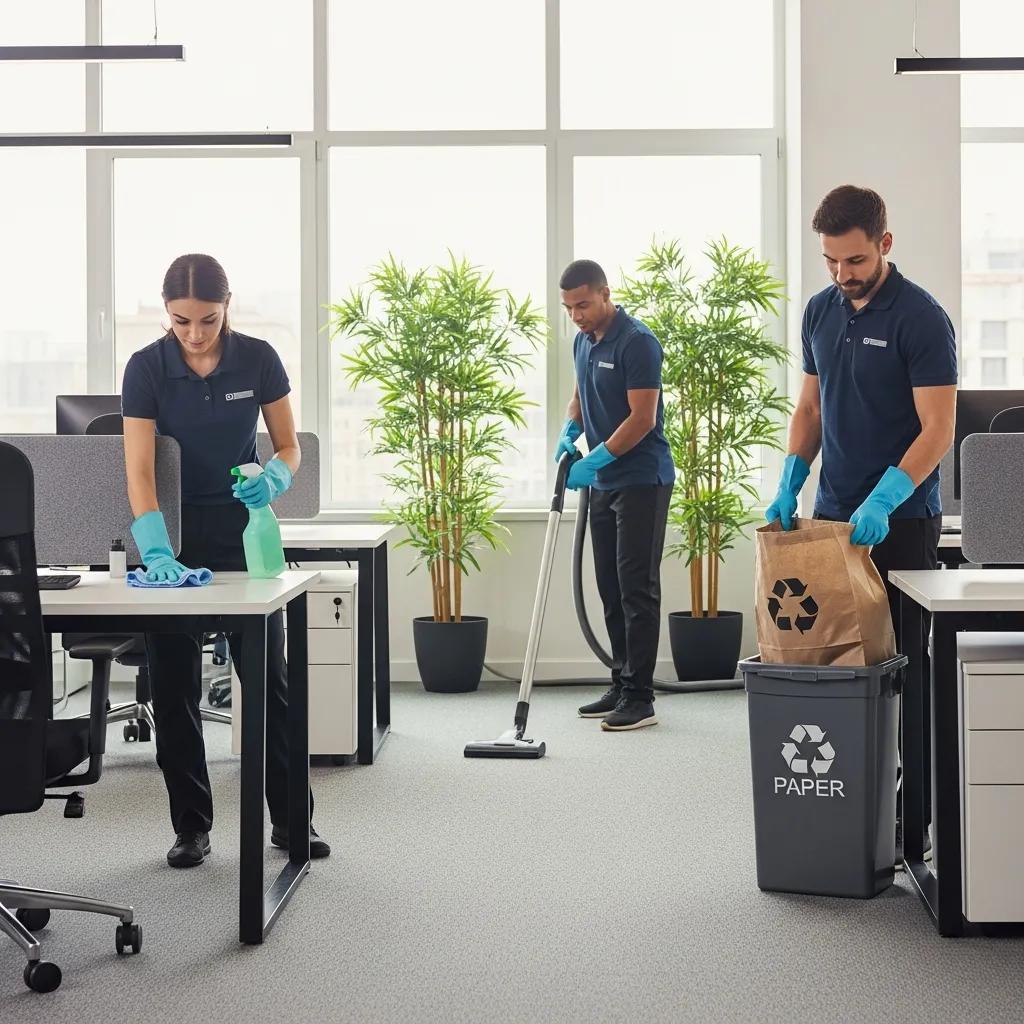 Professional office cleaning team using eco-friendly products in a modern workspace