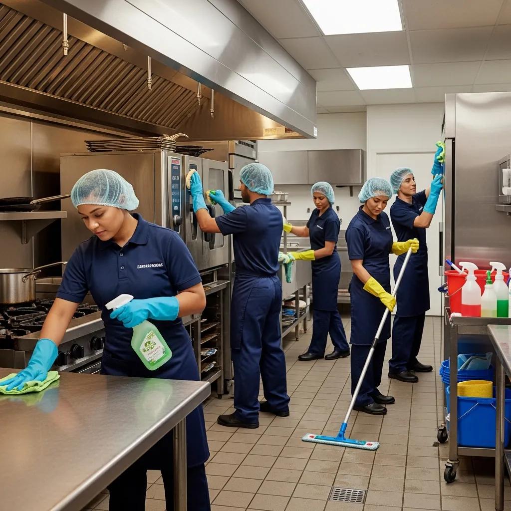 Professional restaurant cleaning team in action, emphasizing teamwork and hygiene