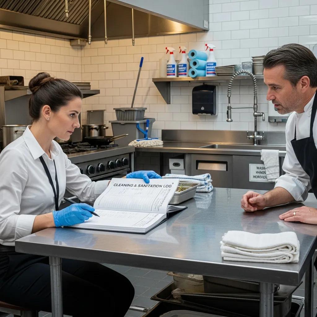 A health inspector reviewing cleaning records and sanitation in a restaurant