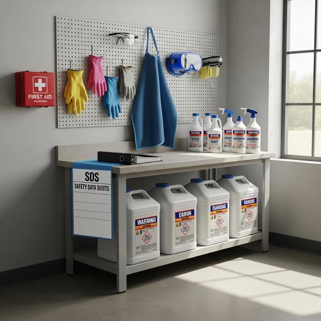 Well-organized safety station with labeled chemical containers and accessible Safety Data Sheets