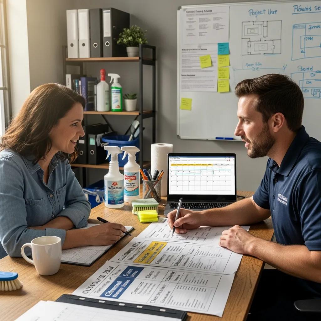 Facility manager and janitorial supervisor reviewing a customized cleaning plan