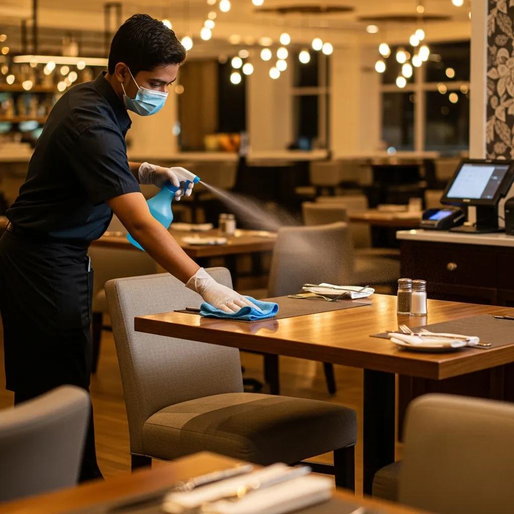 Team member sanitizing tables and high-touch areas in the dining room