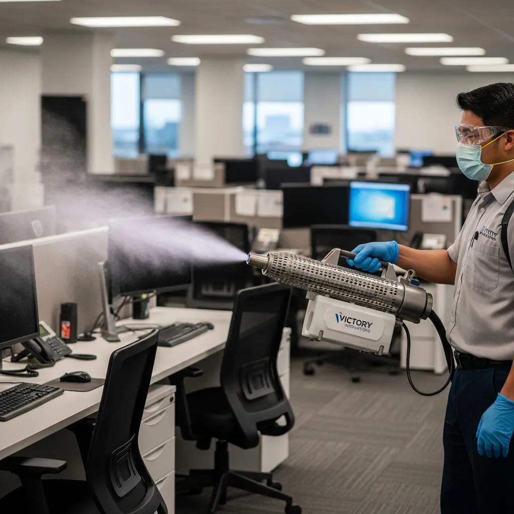 Technician using an electrostatic fogger to disinfect a commercial space
