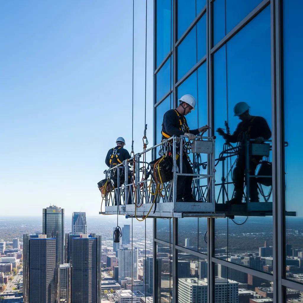 Technicians using certified safety gear to clean high‑rise windows in Metro Detroit