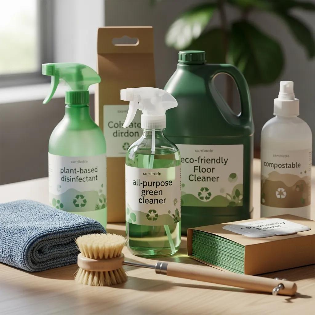 Assortment of sustainable office cleaning supplies on a clean surface