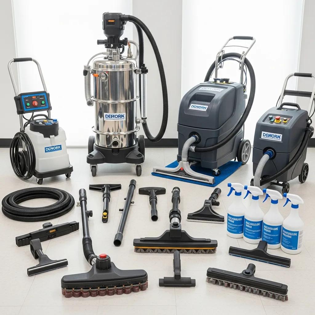 Commercial carpet cleaning machines showing hot water extraction and low‑moisture equipment