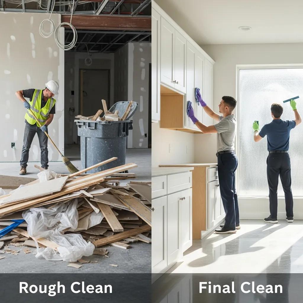 Comparison of rough and final cleaning stages during post-construction cleanup, showing different tasks