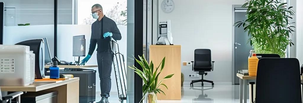 Professional office cleaning service in a modern workspace highlighting cleanliness and organization