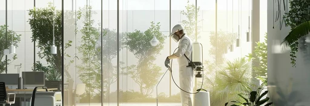 Eco-friendly cleaning techniques being applied in a modern office environment